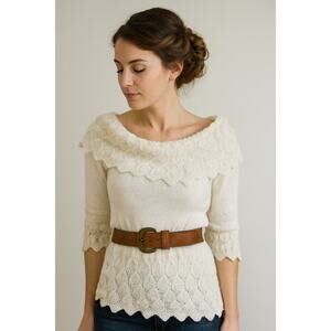 Vintage J.R. Rappers Ivory‎ Crochet Sweater oversized scalloped collar size M